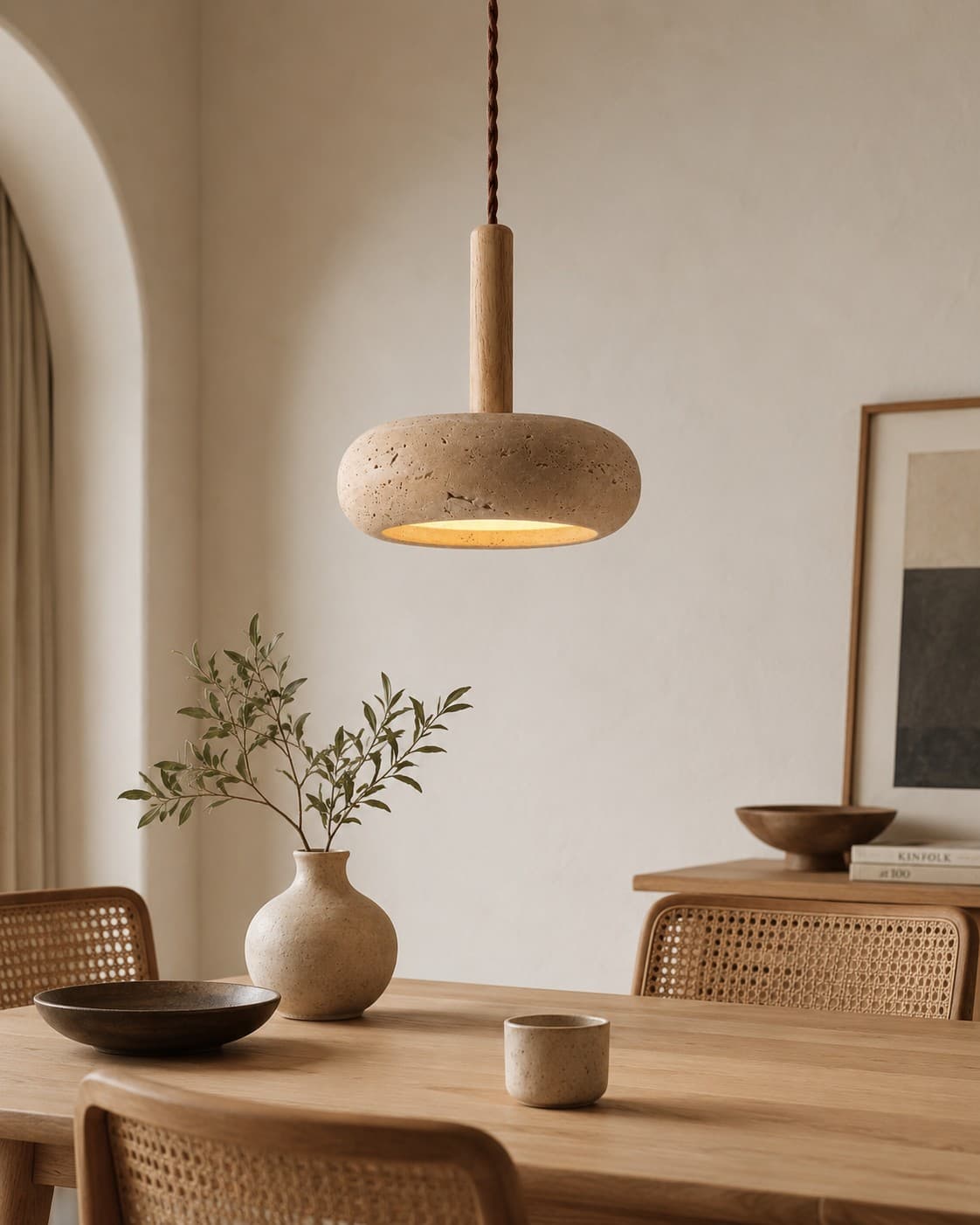 Wabi Sabi Stone Pendant Light – Modern Circular LED Hanging Lamp lifestyle image