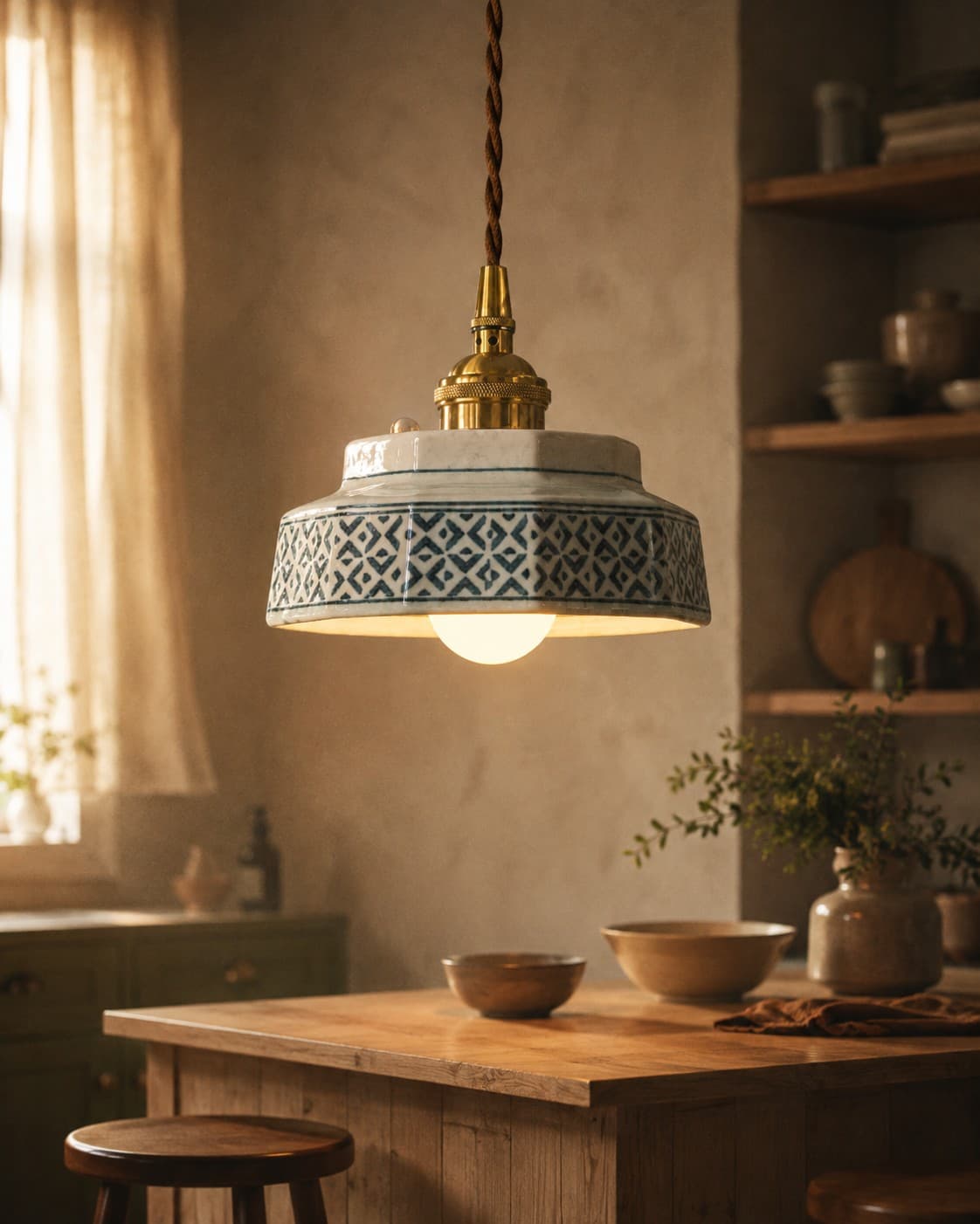 Vintage Ceramic Pendant Light – Hand-Painted Copper Hanging Lamp lifestyle image