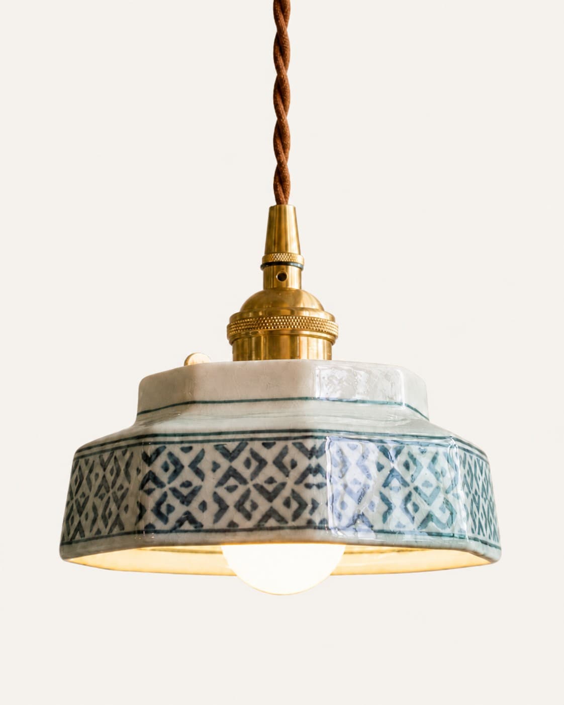 Vintage Ceramic Pendant Light – Hand-Painted Copper Hanging Lamp green