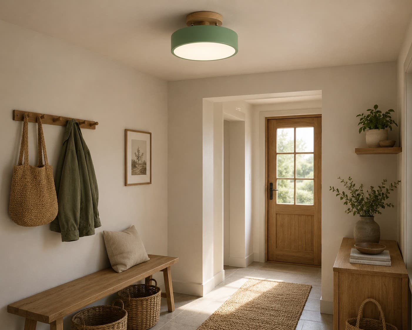 Nordic Round Ceiling Light – Wood Detail LED Lamp for Hallway & Bedroom lifestyle image