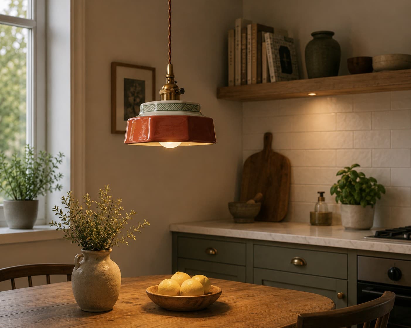 Vintage Ceramic Pendant Light – Hand-Painted Copper Hanging Lamp lifestyle image