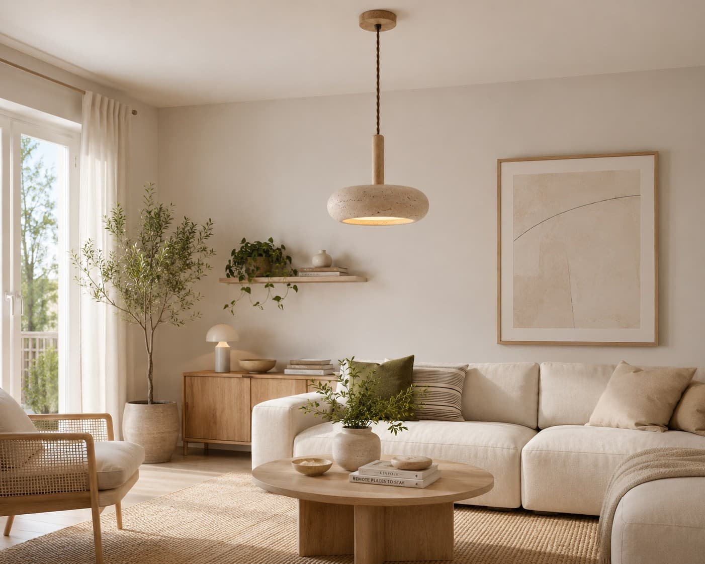 Wabi Sabi Stone Pendant Light – Modern Circular LED Hanging Lamp lifestyle image