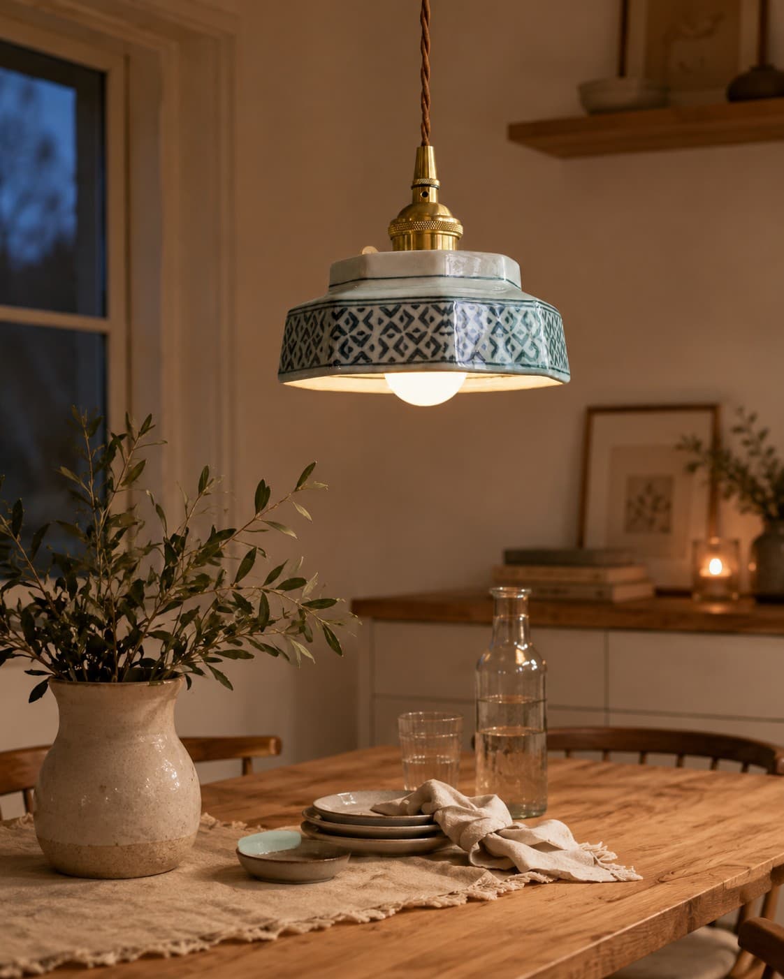 Vintage Ceramic Pendant Light – Hand-Painted Copper Hanging Lamp