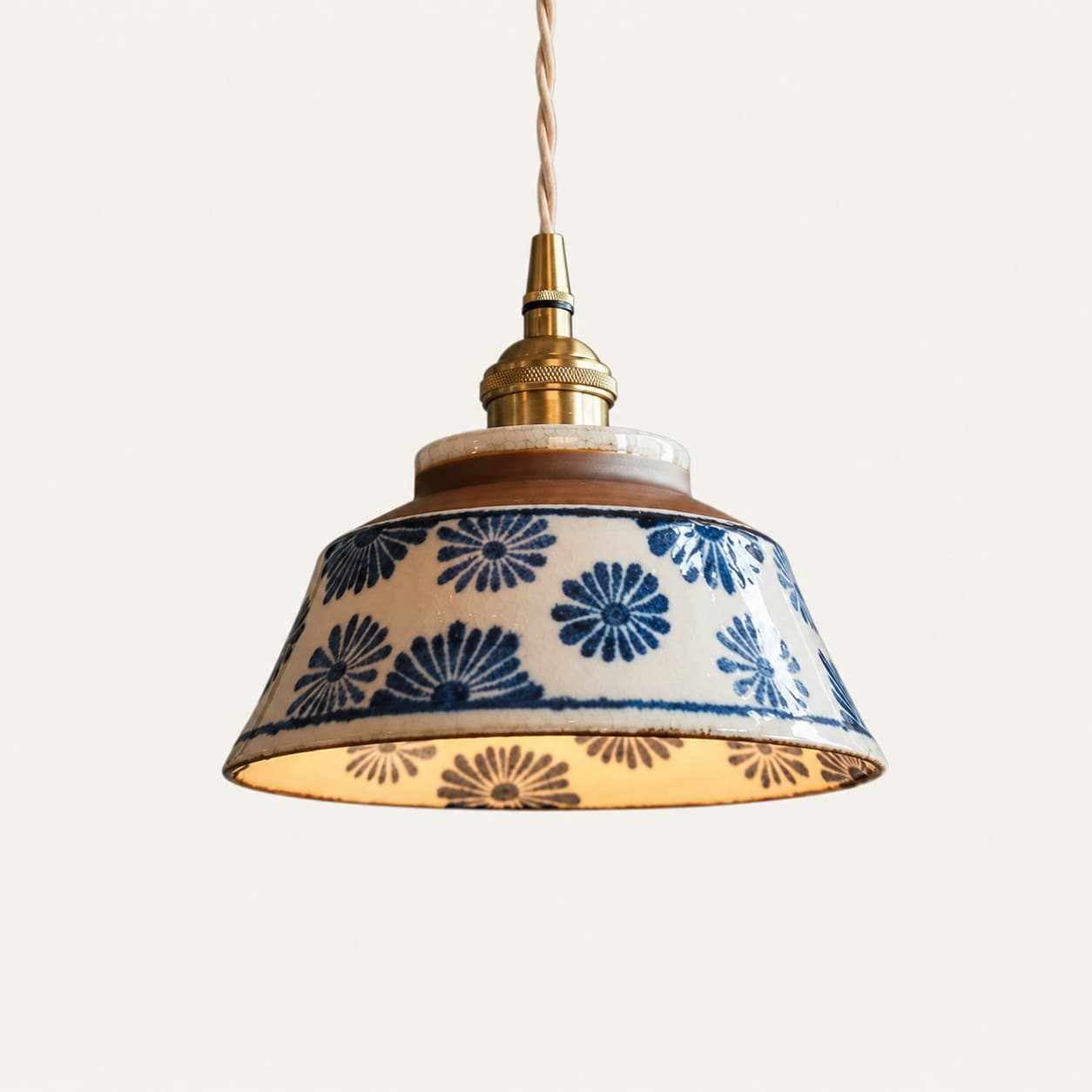 Retro Ceramic Pendant Light – Blue & White Glazed Hanging Lamp Indigo Blossom