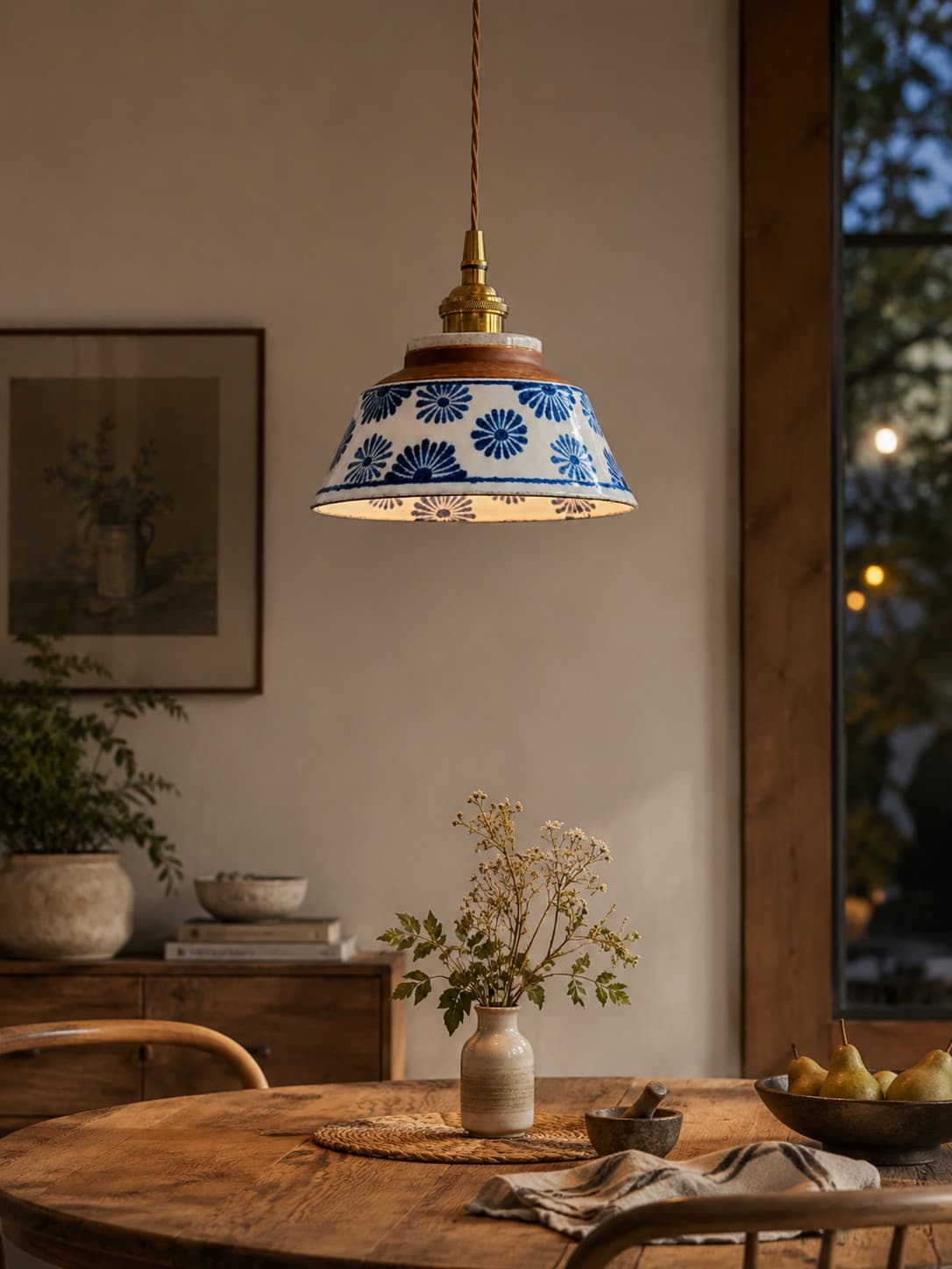 Retro Ceramic Pendant Light – Blue & White Glazed Hanging Lamp lifestyle image